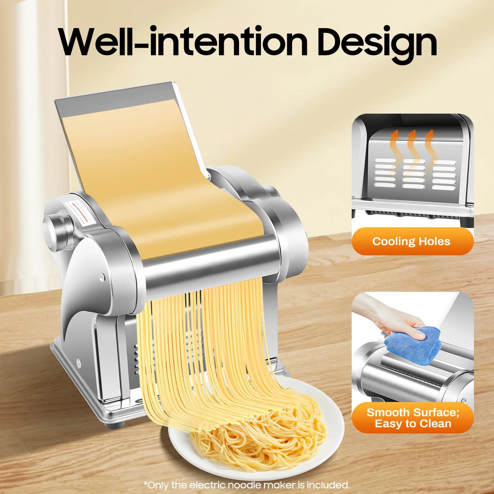 135w Automatic Noodle Machine, 6 Thickness Adjustable Household Electric Pasta Maker, Stainless Steel Multi-function Rolling Machine for Home Kitchen Restaurant