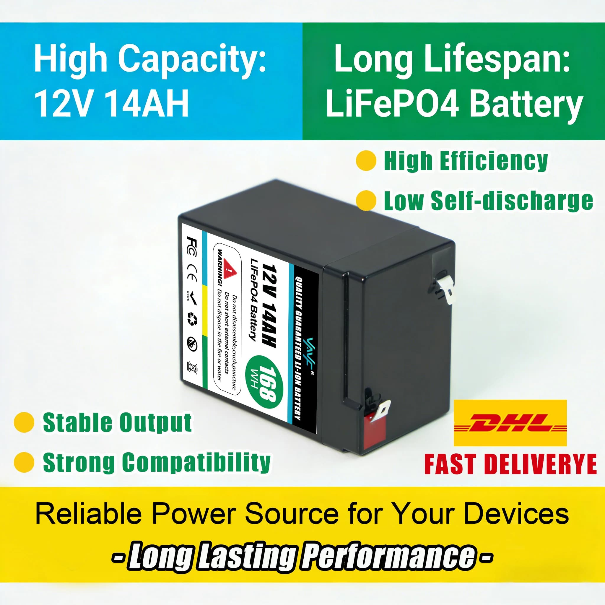 Batteria LiFePO4 12V 🗜️ Batteria 14Ah con BMS Intelligente Integrato, 2000+ Cicli, Adatta per Pannelli Solari 🔌 Camper, Imbarcazioni, Overlanding