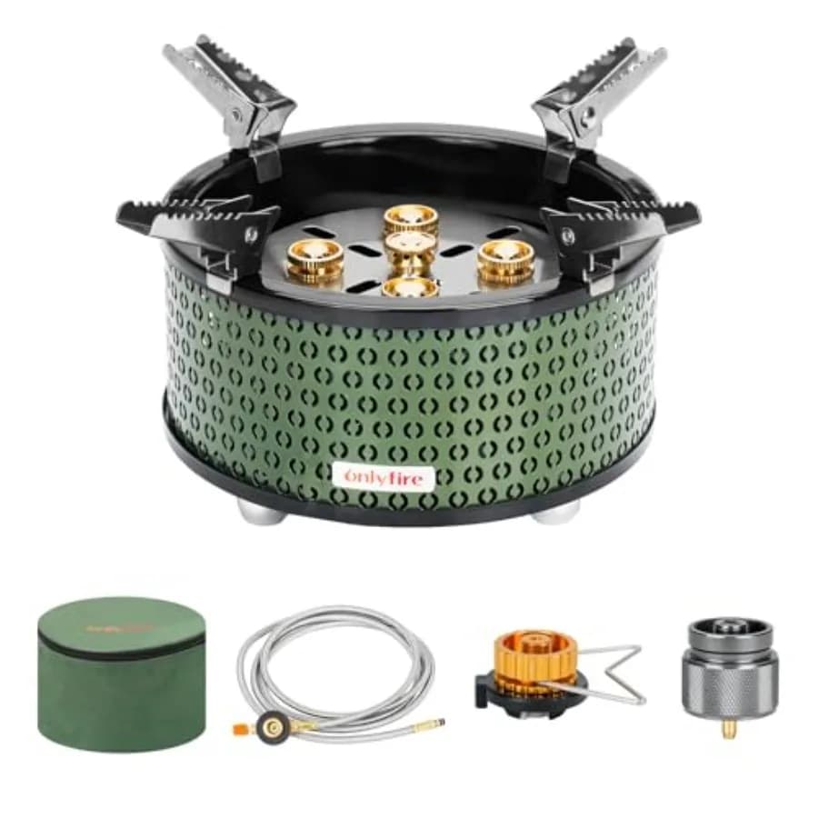 Fornello a Gas Portatile da Campeggio con Borsa per il Trasporto e Adattatori Gas, 5 Bruciatori, Fornello a Propano per Cucina all'Aperto, Patio, Picnic, Campeggio