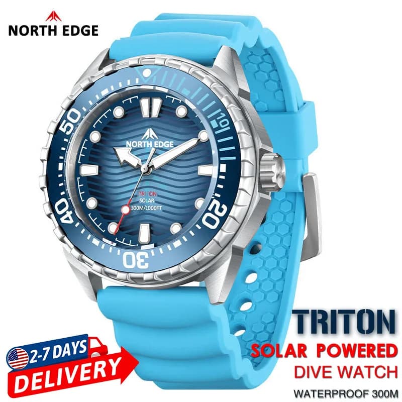 NORTH EDGE 2025 New TRITON Men's Solar Energy Diving Watch Luxury Digital Watches for Men 316L Stainless Steel Case Waterproof 300M