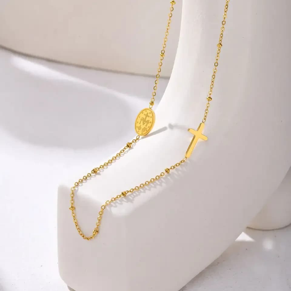 Dainty Sideway Cross Necklaces, Women's Virgin Mary Charm Collar, Adjustable Stainless Steel Jewelry 36