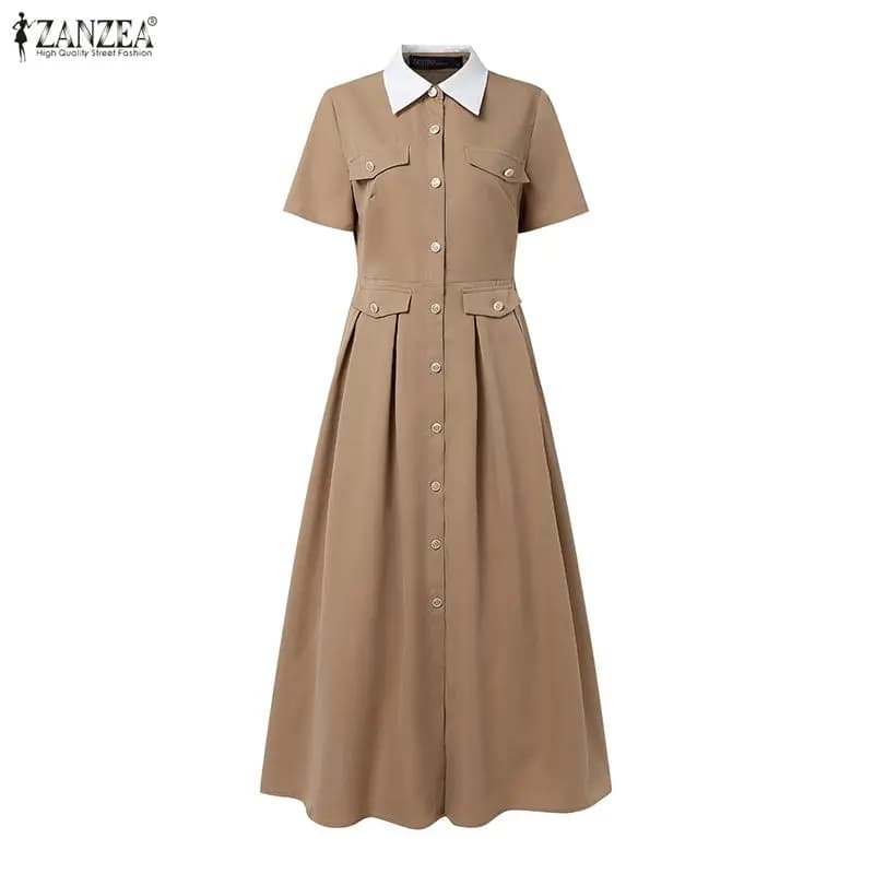 ZANZEA 2026 Abito Lungo Elegante da Donna, Vestito Estivo alla Moda con Maniche Corte e Bottoni, Abbigliamento da Ufficio e Streetwear, Maxi Abiti