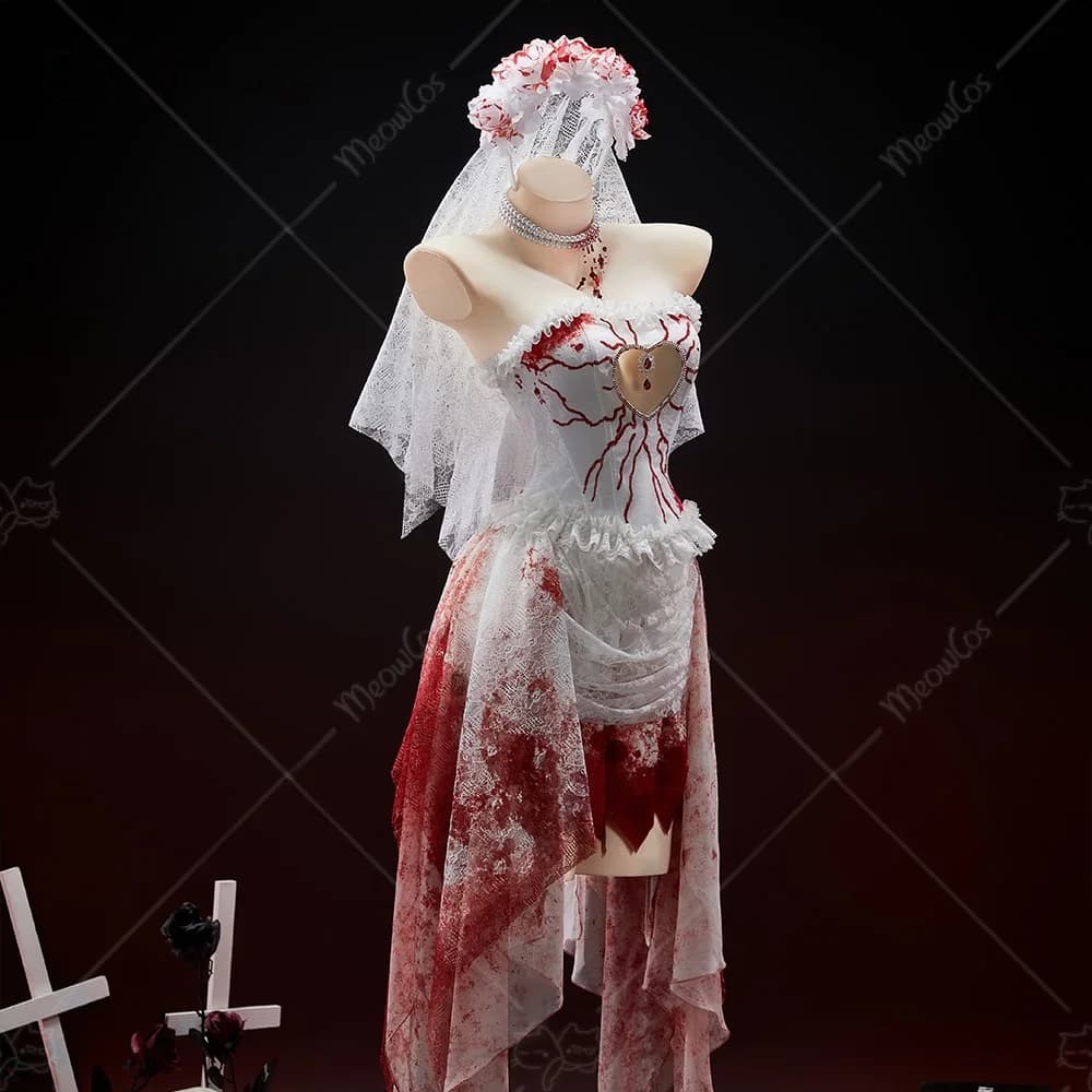 Abito di carnevale di Halloween 2025 nuovo set da sposa insanguinato bianco rosso di Halloween top a tubo gotico e gonna con fascia per capelli e guanti