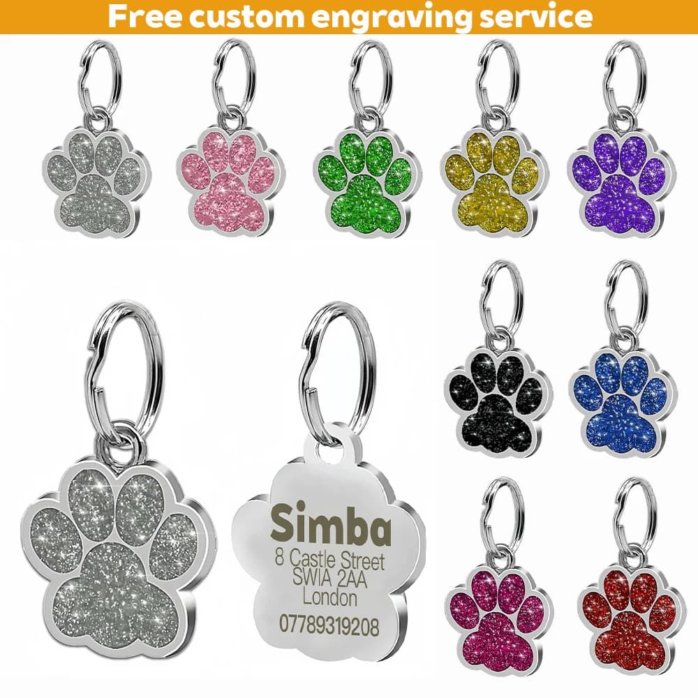 Etichette personalizzate per targhette per cani e gatti incise con nome identificativo per animali domestici, targhetta per collare, zampa in lega, ciondolo con glitter, accessori per cani
