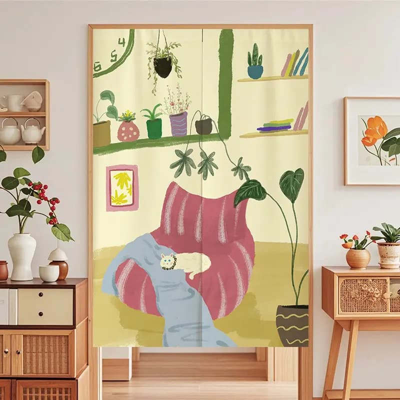 Indoor Plant Cat Noren Door Curtain Warm Cartoon Illustration Hanging Curtain Bedroom Door Partition Ins Aesthetic Home Decor