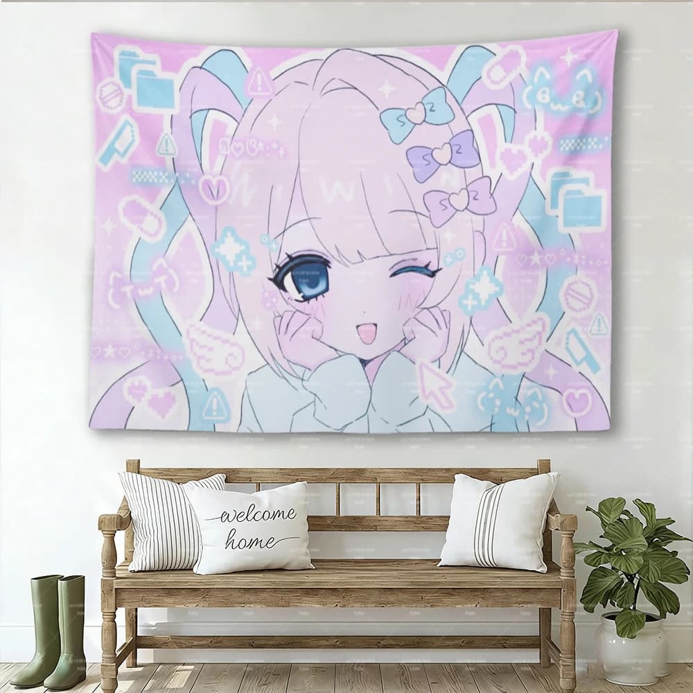 Kawaii Anime Girl Tapestry, Pastel Pink Blue Y2K Aesthetic Wall Hanging, Needy Girl Overdose Inspired Decor for Bedroom Dorm