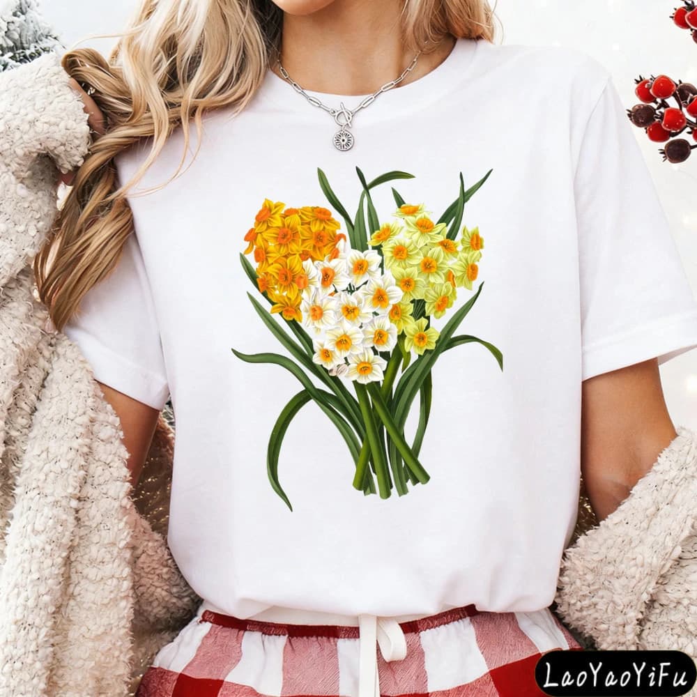 Maglietta con stampa di narcisi, floreale primaverile, morbida, unisex, casual, girocollo, da donna
