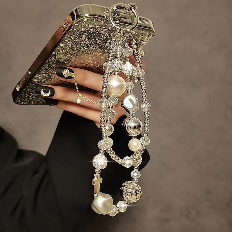 Short Mobile Phone Lanyard Luxurious Pearl Crystal Diamond Bead Hand-Held Double Chain Wristband Phone Case Hanging Decoration