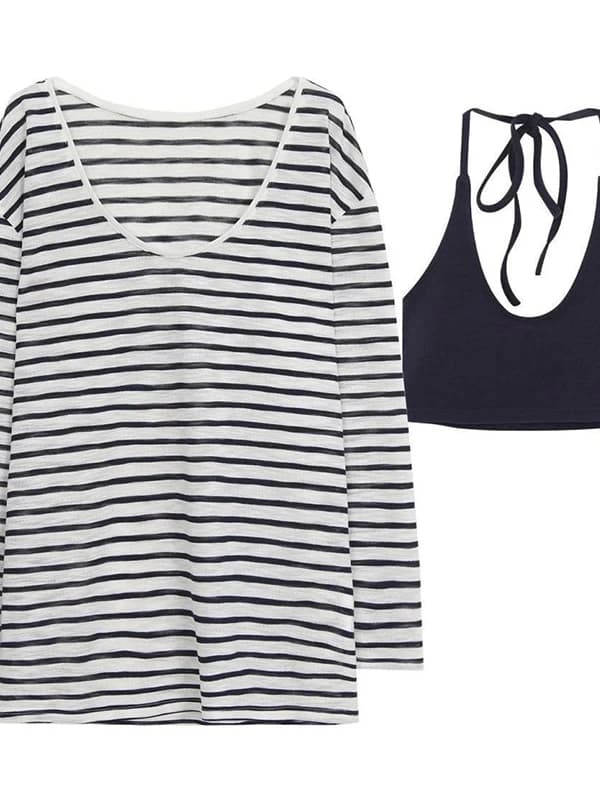 Women's Striped Long Sleeve Vest Top Summer 2026 New Outerwear Neck Hanging Sleeveless T-Shirt Two-Piece Set Skin-Friendly Br...