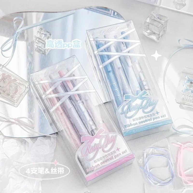 Set di 4 Penne a Sfera Estetiche INS Serie Nastro da Balletto Rosa, Inchiostro Nero 0.5mm, Penne Carine per Esami e Appunti degli Studenti