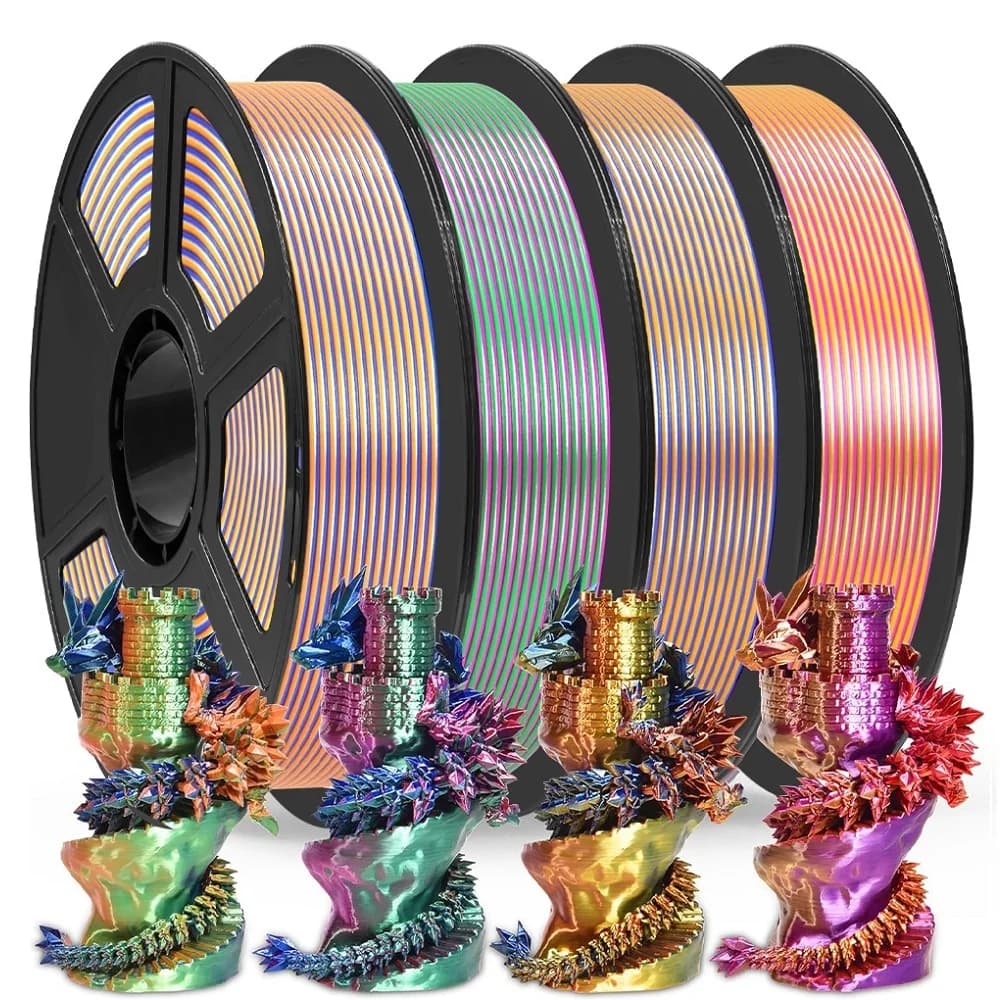 Filamento Tricolore in Seta PLA 1.75mm 1kg/500g/250g per Stampante 3D, Filamento PLA Lucido a Tre Colori Rosso Verde Blu
