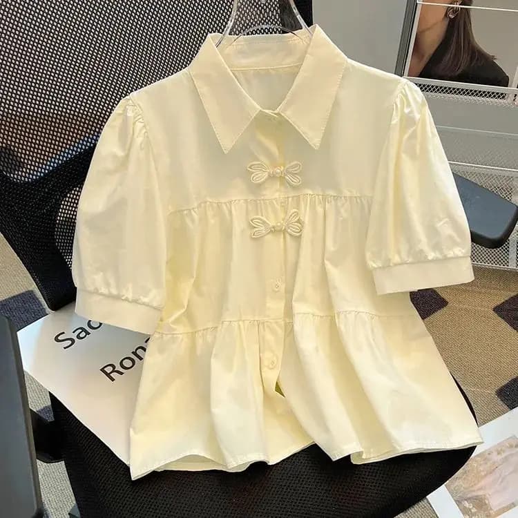 New Chinese Style Short Sleeve Shirt Women Summer New Bubble Sleeve Anti-Aging Doll Shirt Loose Top Button Detail Collar