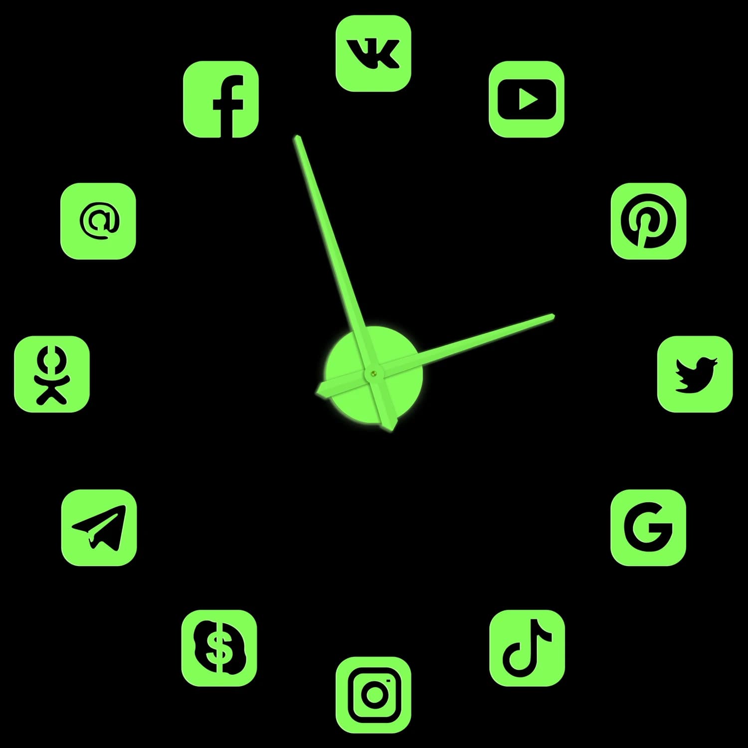 Simboli dei social media Adesivi fai-da-te Orologio da parete che si illumina al buio per l'ufficio Icone senza cornice Orologio grande illuminato dal design moderno
