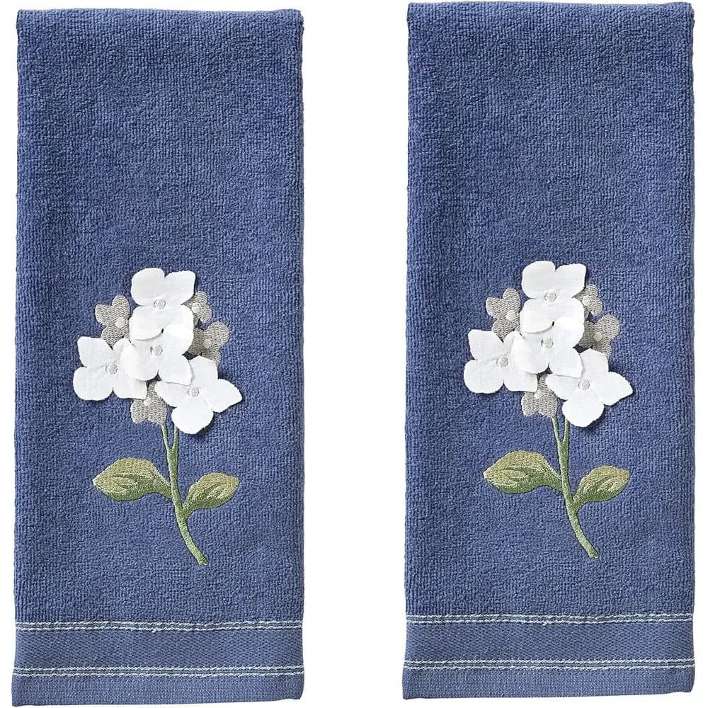 Set di 2 Asciugamani in Cotone 100% con Ricamo 3D di Ortensie, Adatti per Decorazione, Bagno, Cucina o Bar, Blu