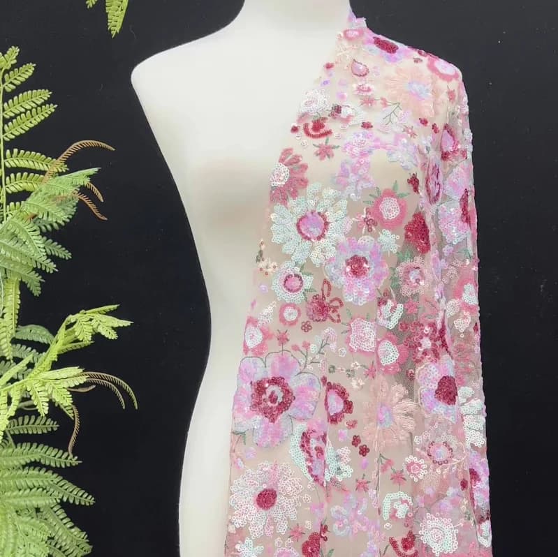 2Yds/lot 130cm Wide Luxury Pink Flower Embroidered Sequin Lace Fabric for Bridal Wedding Gowns Dresses Beaded Mesh Material 086