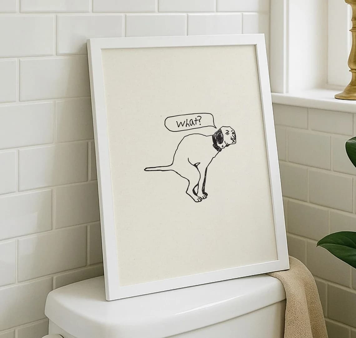 Playful "What?" Dog Line Art Wall Art - Whimsical Print Celebrating Pet Antics. The Minimalist Cream Background and Simple Linew