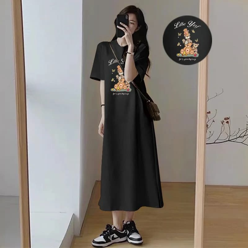Korean Women Casual Long T Shirt Dress Cute Cartoon Bear Print Loose Short Sleeve Round Neck Summer Maxi Tee Dress
