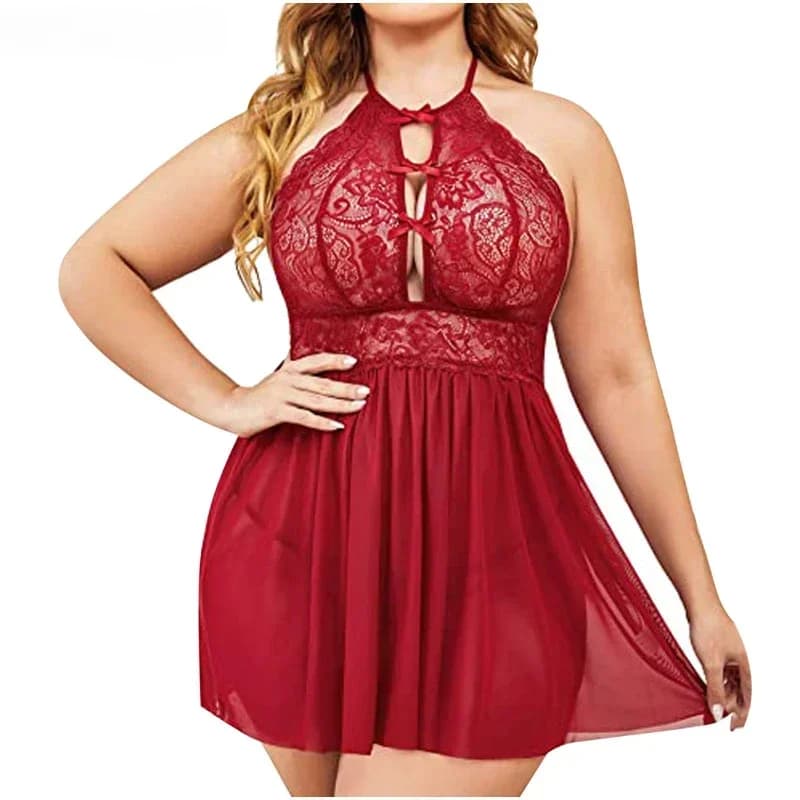 Plus Size Lingerie da donna Halterneck Abito sexy in pizzo Intimo sexy Halterback Camicia da notte corta da donna Set da due pezzi da donna
