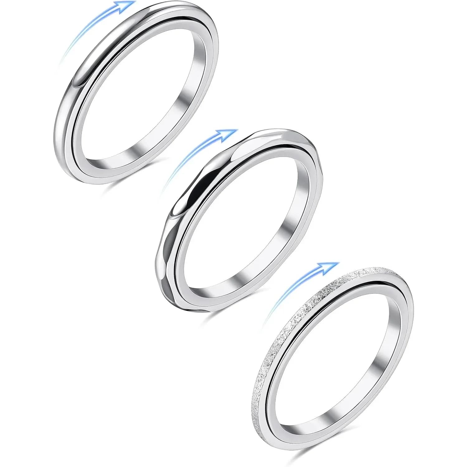 Bobisty 3Pcs Fidget Ring for Women Men Stainless Steel Rings for Relief Anxiety Anti Stress Band Thumb Spinner Ring Jewelry Gift