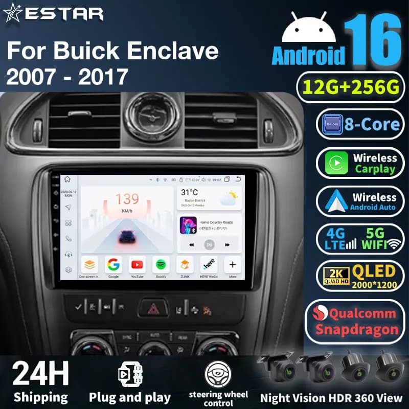 Autoradio Android 16 per Buick Enclave 2014-2018 con schermo QLED, 4G, DSP, lettore multimediale, GPS, Wireless Carplay e Android Auto