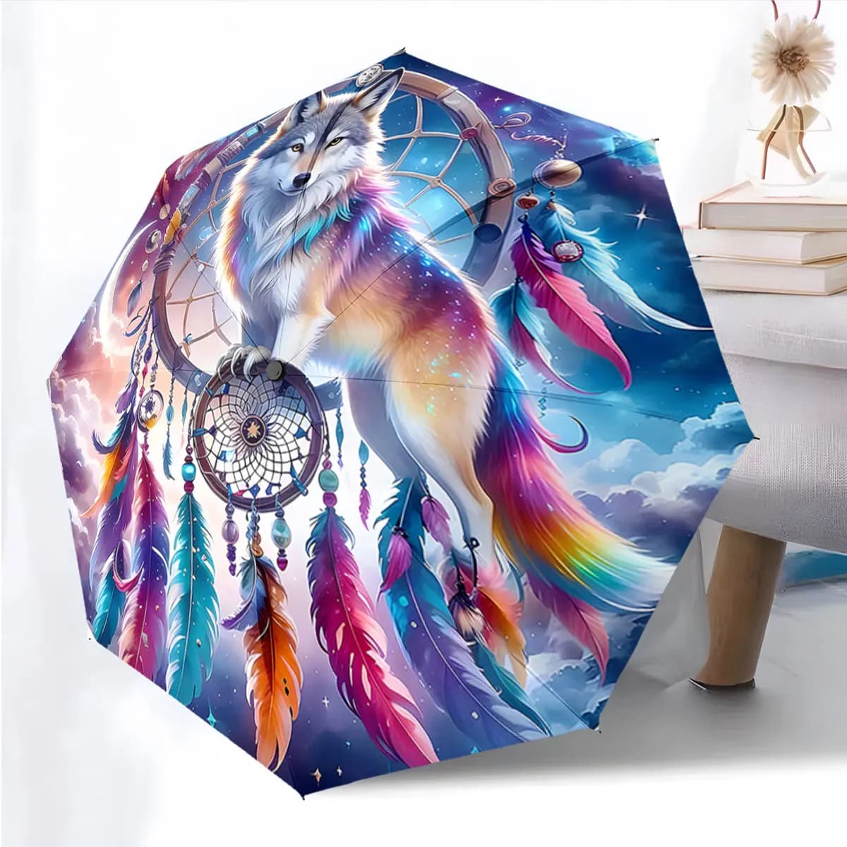 1PC Mystical Wolf Dreamcatcher Umbrella Design Print 8 Iron Ribs Folding Umbrella Auto-Open Fashion Sunshade
