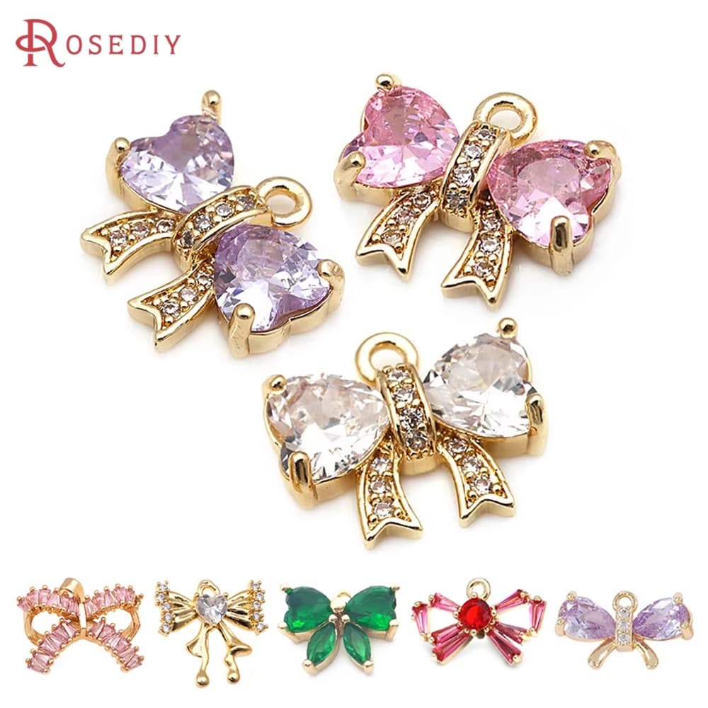 18K Gold Color Brass Zircon Bow-Knot Charms Pendants Necklace Earrings High Quality Diy Jewelry Accessories Making Materials