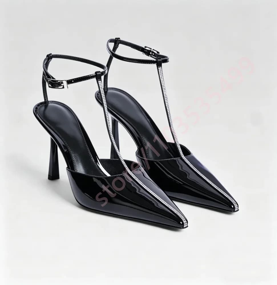 Patent Rhinestone T-Strap Stiletto Women Sandals 2026 Pointed Toe Ankle Buckle Thin High Heels Elegant Wedding Party Dress Shoes