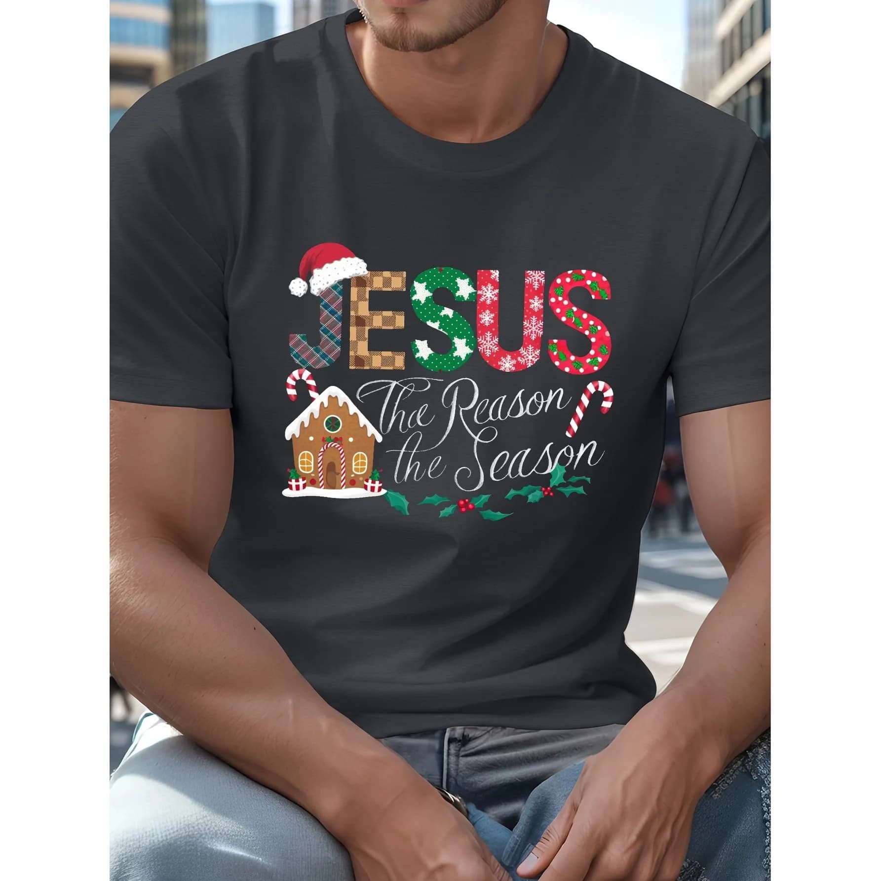 Jesus The Reason The Season Christmas Graphic T-Shirt Men's Short Sleeve Casual Round Neck Tee
