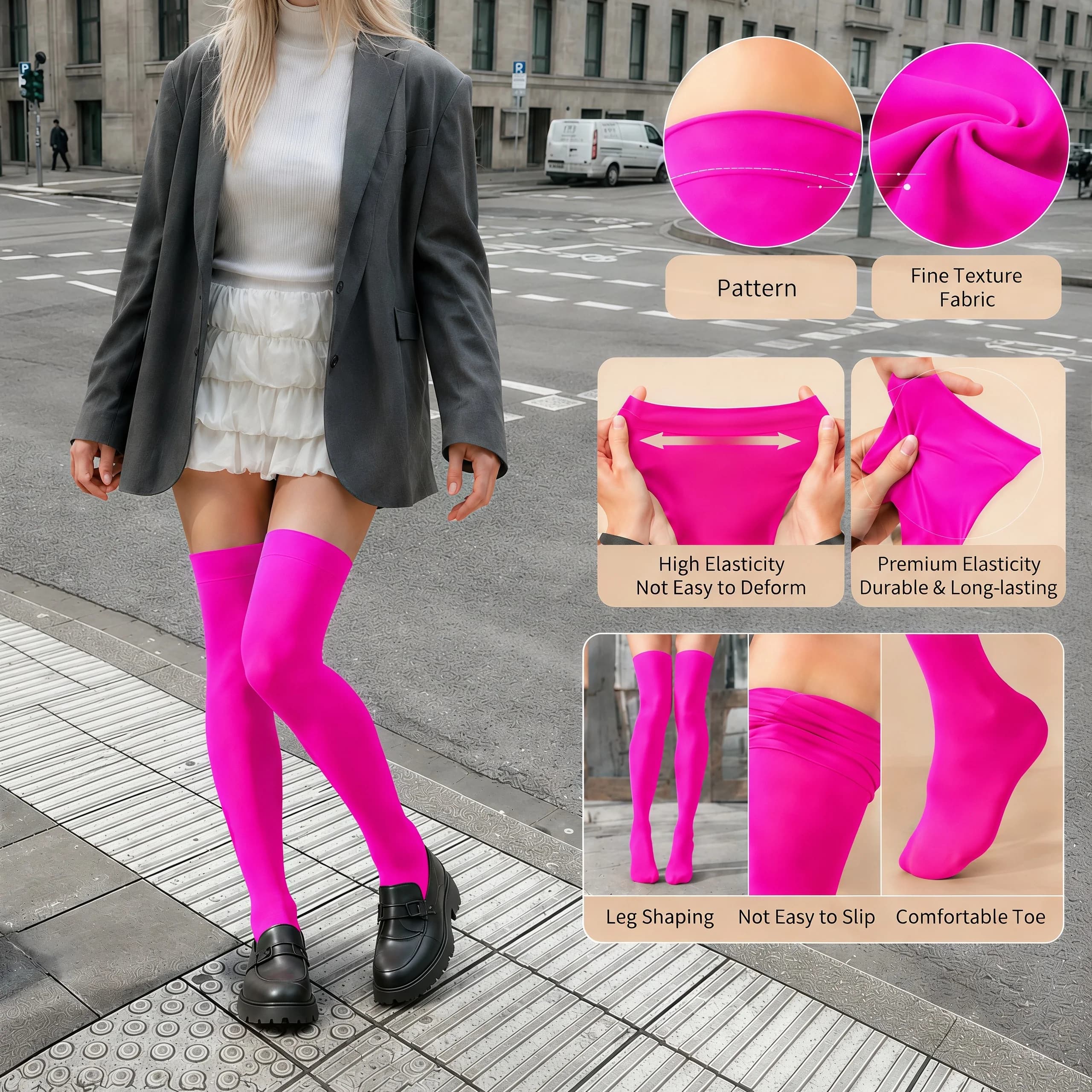 1 Pair Women's Solid Hot Pink Thigh High Socks High Elastic Soft Leg Shaping Preppy Style Versatile Slouch Long Socks