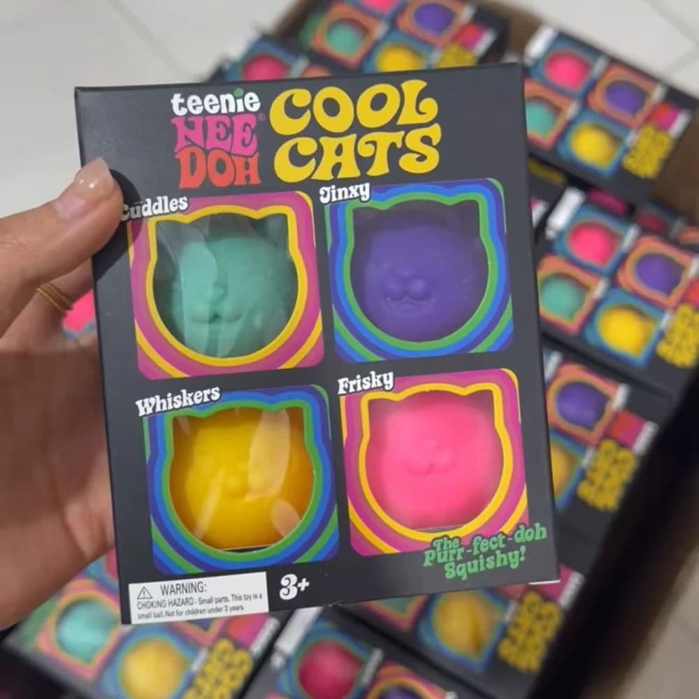Cool Cats Squishy, Confezione da 4 con Design a Pallina di Zucchero, Antistress da Spremere per Gioco Sensoriale, Fidget Sensoriale, Squishy a Lenta Risalita