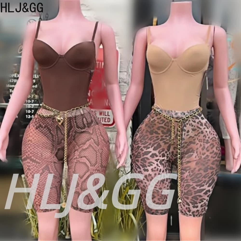 HLJ&GG Bodycon sexy da donna, set due pezzi, top senza maniche con spalline sottili e pantaloncini leopardati, outfit streetwear