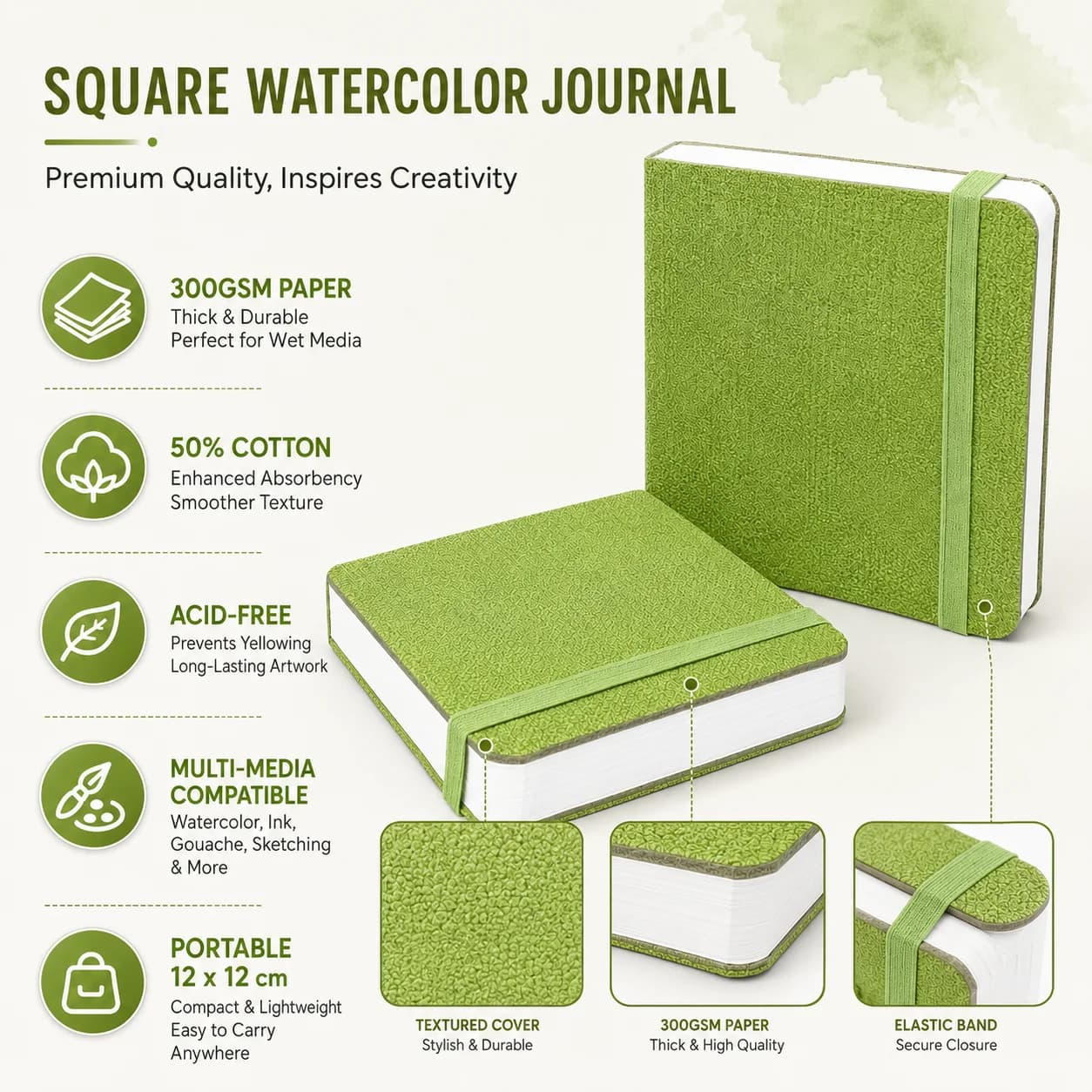 Square Watercolor Journal 12x12cm, 300GSM 50% Cotton Acid-Free Paper, Multi-Media Sketchbook, Compact Olive Green Pad for Art