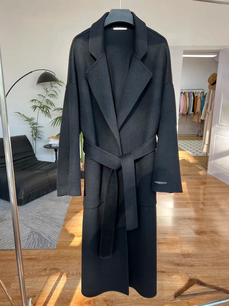 Accappatoio di fascia alta Cappotto di lana cashmere double face Nuove donne Cappotto di lana caldo con lacci allentato Cappotto lungo Autunno Inverno