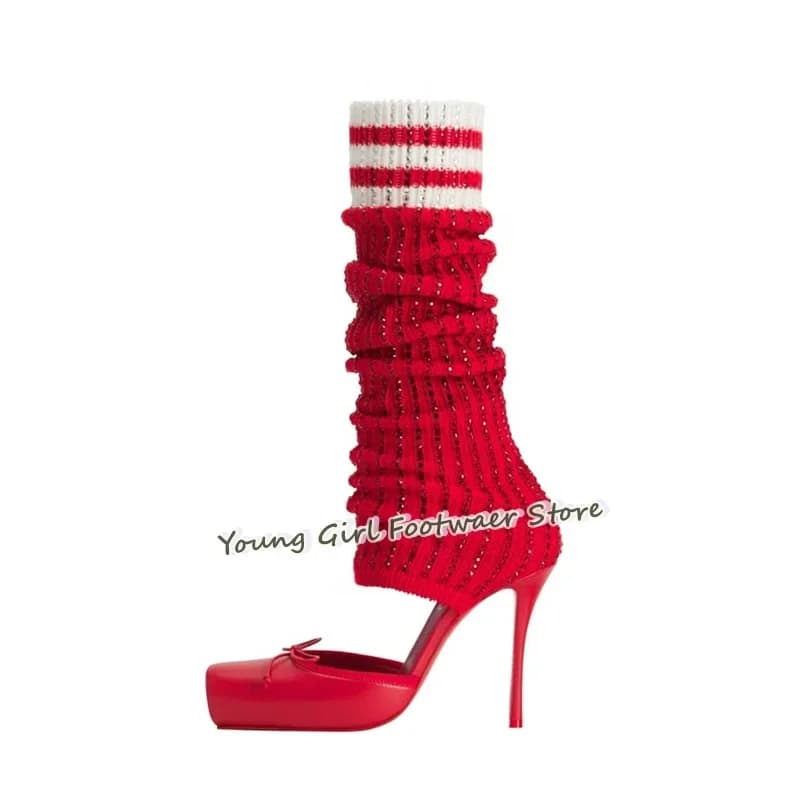 Shoe Cut Stiletto Heels Red Ballet Sock Boots Bow Decoration Satin Fabric Hollowed-Out Instep Boots Women's Luxury High Heels