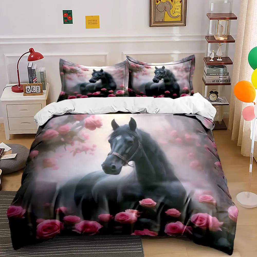 "Elegant Horse Rose Decor Set" Bedding Set with 1 Duvet Cover 2 Pillowcases Single Double King Queen, Gift