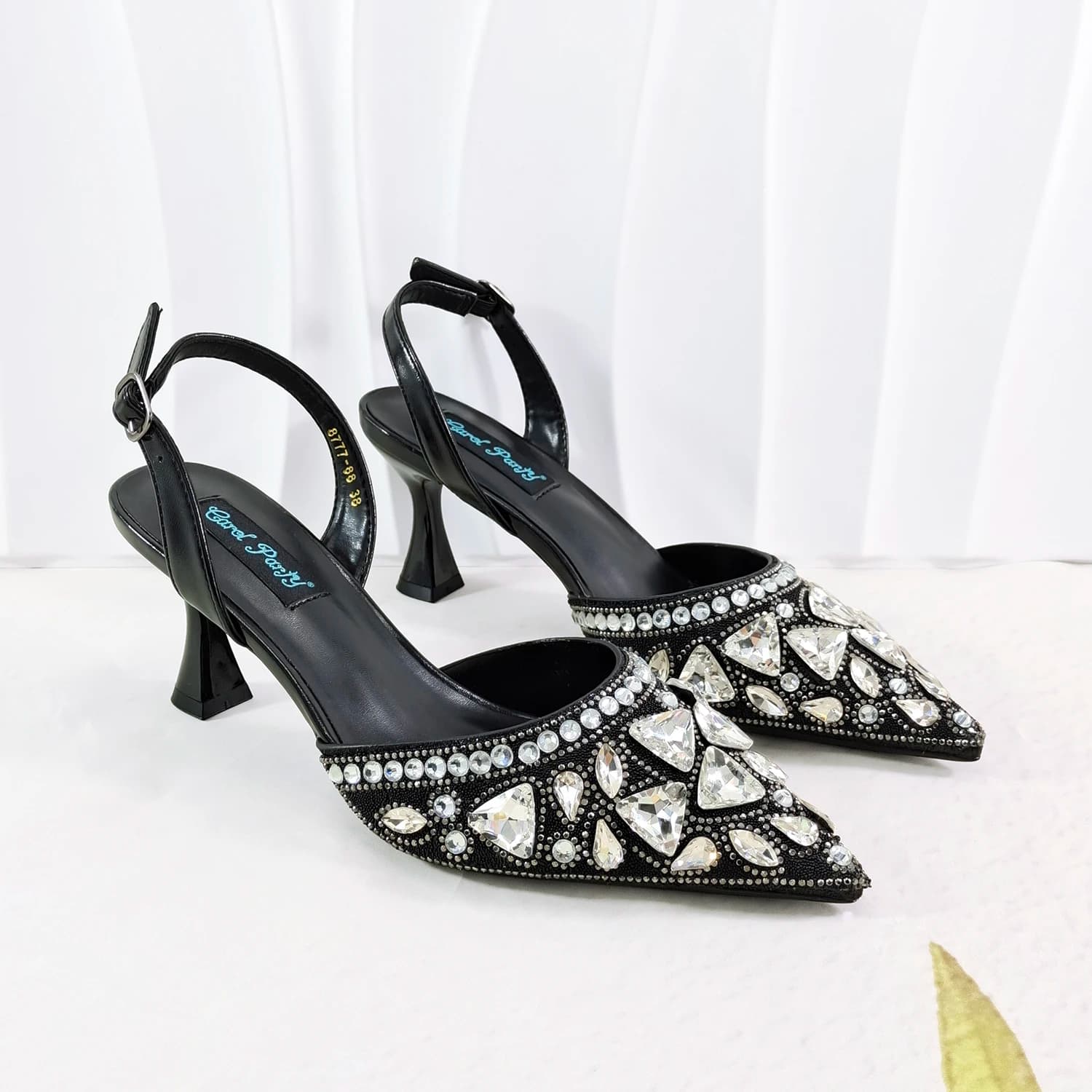 Hot Sale Black Color Rhinestone Pearl Slingback Pumps Top Handle Handbag Women Prom Formal Crystal Heels for Party Wedding