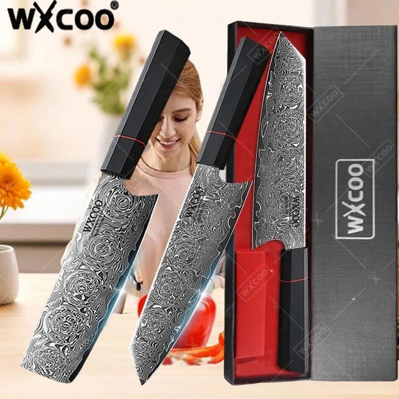 WXCOO Coltello Santoku Giapponese da 8 Pollici, Acciaio Damascato a 67 Strati, per Frutta e Verdura, Accessori da Cucina Kiritsuke