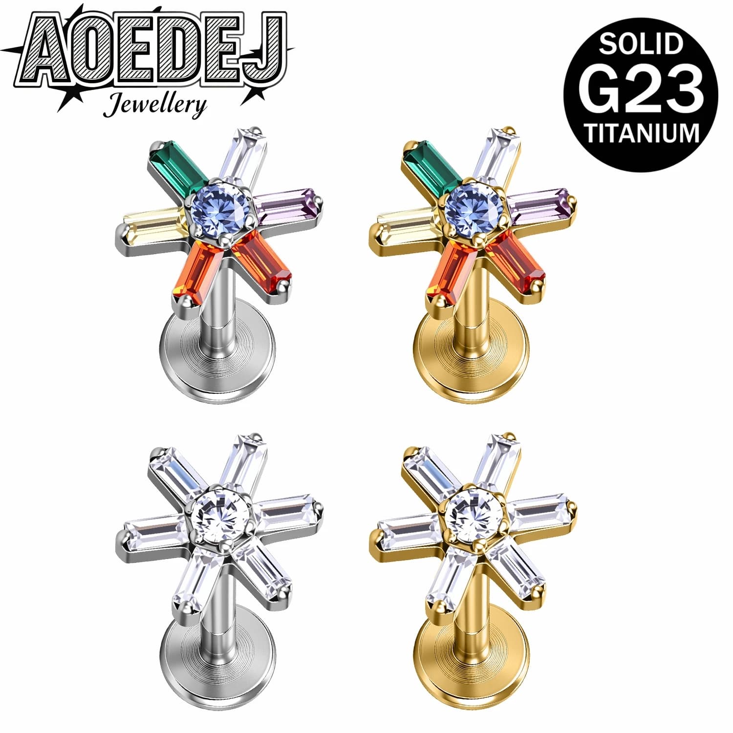 AOEDEJ 16G 1-4 pz/lotto Orecchini a perno in titanio ASTM F136 con zircone, Labret, Piercing per labbra, Orecchio, Helix, Conch, Lobo, Gioielli 6/8MM