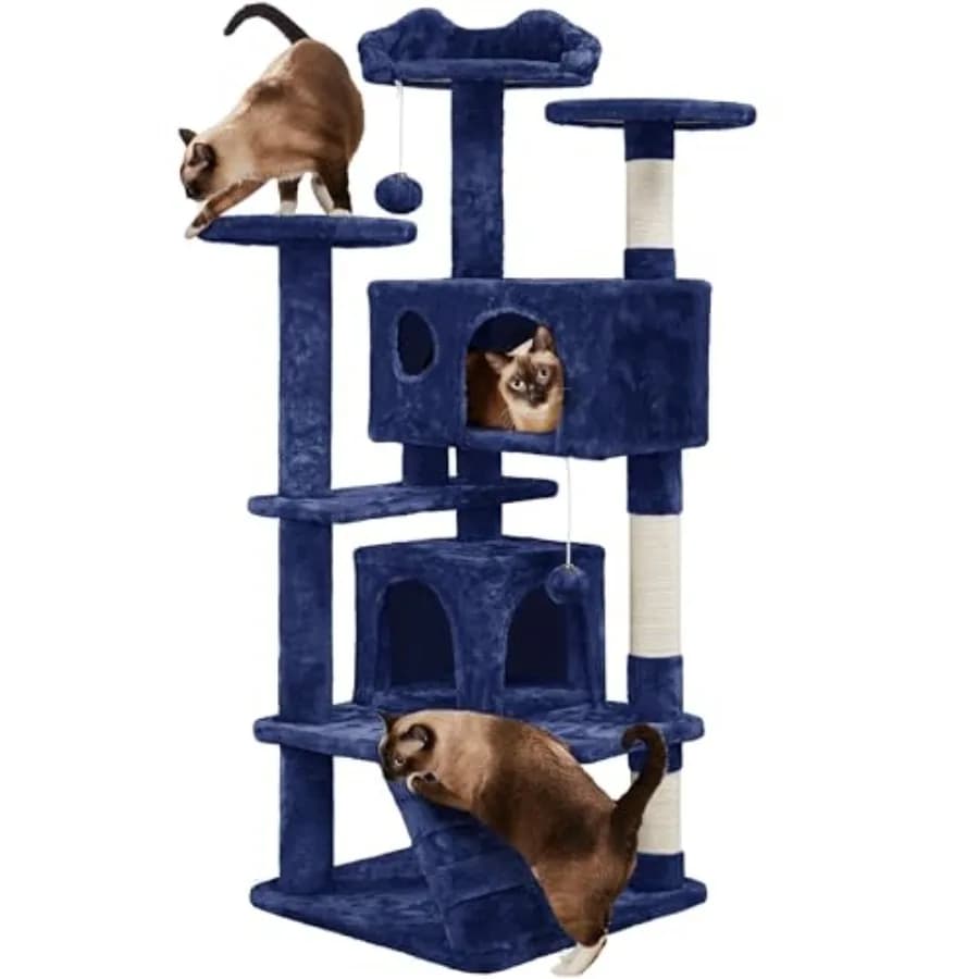 Cat Tree Tower, 2 Caves, Kitten-Ear Perch and Scratching Posts Multi-level layout, climbing ladder, 2 plush balls, high pet app