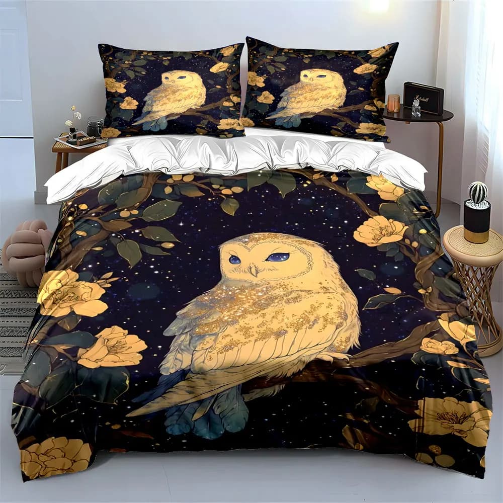 Set di biancheria da letto decorativa con motivo gufo stellato, morbido e confortevole, include 1 copripiumino e 2 federe, idea regalo