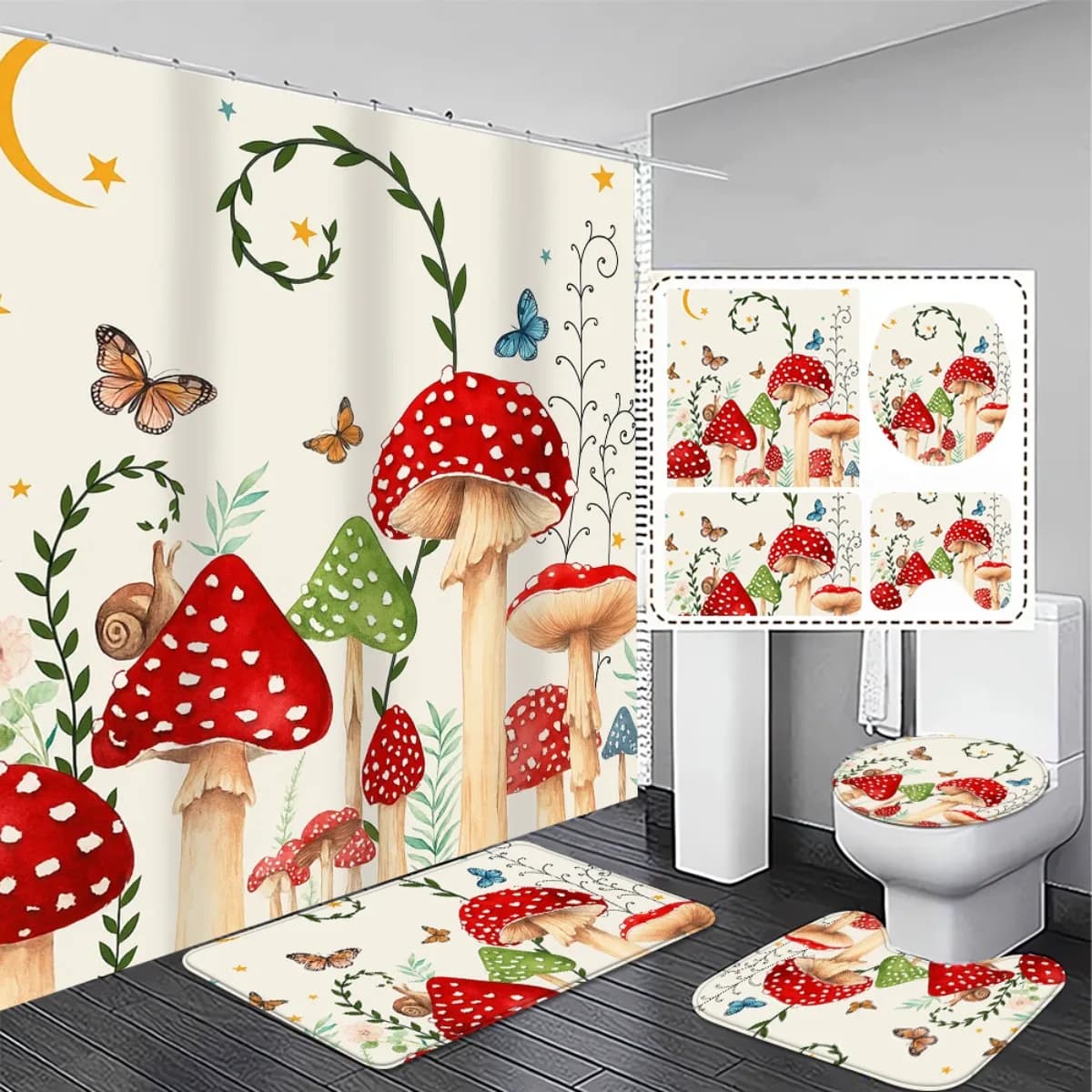 4 pezzi -Friendly -Set da bagno con funghi di fiabe con tenda da doccia antiscivolo, tappeto e copriwater - Tema foresta rossa bianca verde