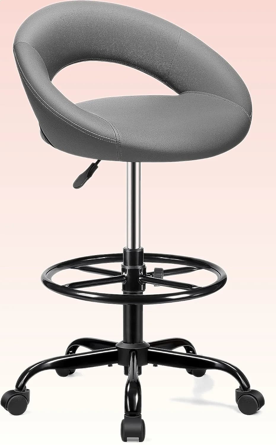 BESTFAIR Height Adjustable Drafting Chair for Standing Desk, 360° Swivel PU Leather Stool with Backrest Footrest Wheels, Gray