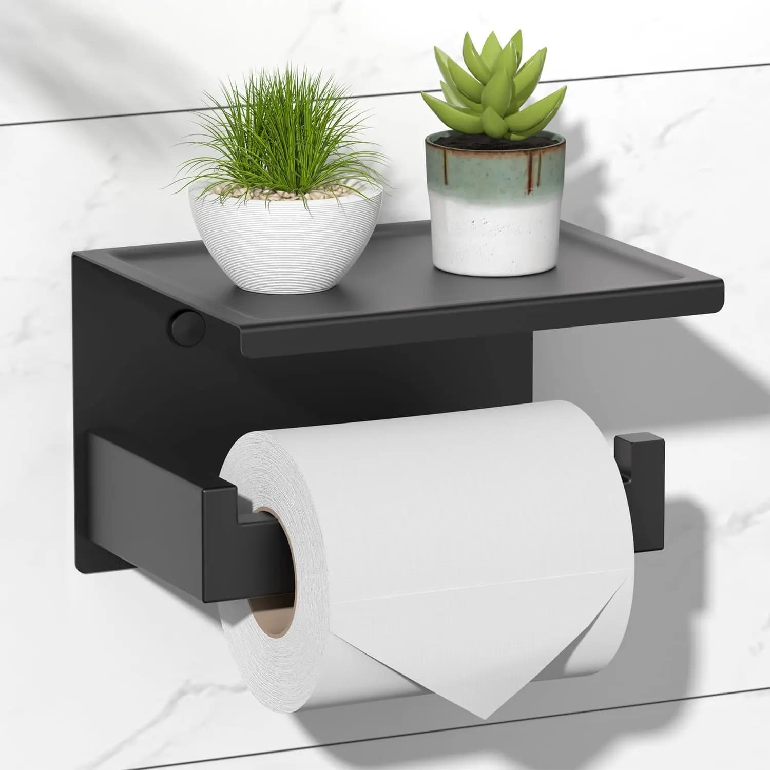 Portarotolo per Carta Igienica Nero Opaco con Mensola, Autoadesivo o da Parete per Bagno e Toilette