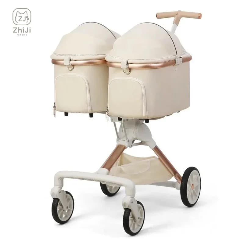 Cute Foldable Cat Stroller for 2 Cats 4 Wheels Outdoor Dual Cat Stroller Bag Detachable Dog Trolley Carrier Luxury Pet Products