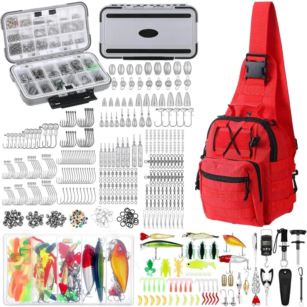 Kit da Pesca da 482 Pezzi con Borsa a Tracolla, Scatola Porta Attrezzi, Ganci, Estrattore, Esche e Pinza per Pesci