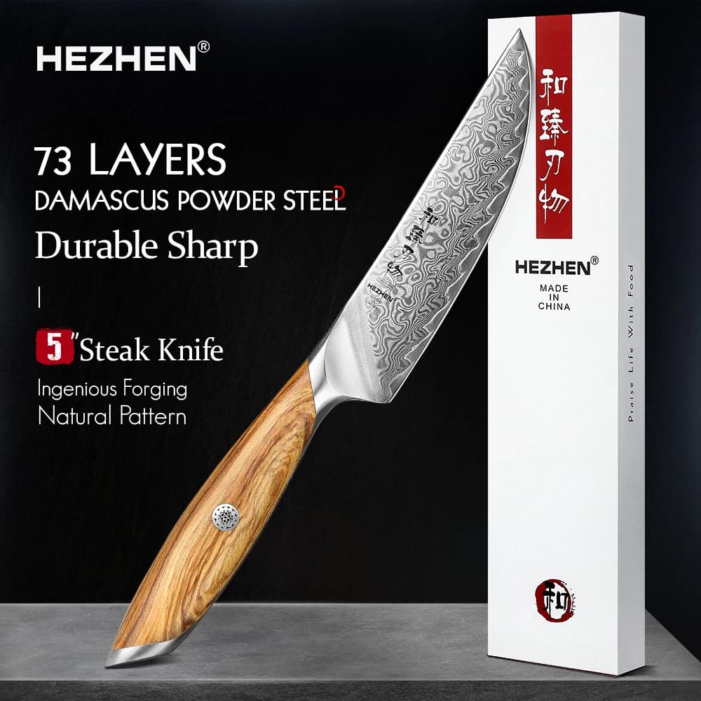 HEZHEN Flagship Series 5 Coltello da bistecca Coltello da cucina in stile giapponese Posate in acciaio in polvere di Damasco a 73 strati