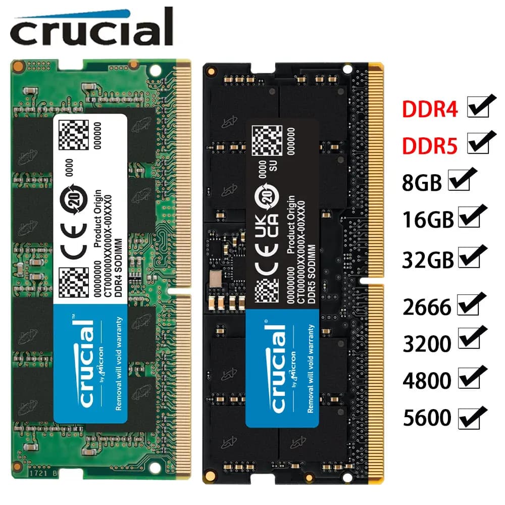 Memoria Crucial per Laptop RAM DDR5 DDR4 32GB 16GB 8GB 2133 2400 2666 3200 5600 4800MHz PC5-44800 38400 PC4-25600 SODIMM RAM per Notebook