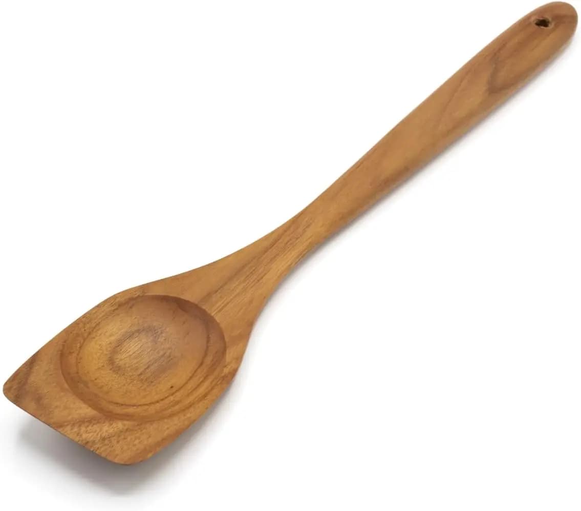 Spatola e mestolo in legno di teak per mancino, ideali per sfondare il carne macinata, resistenti all'umidità, per pentole antiaderenti