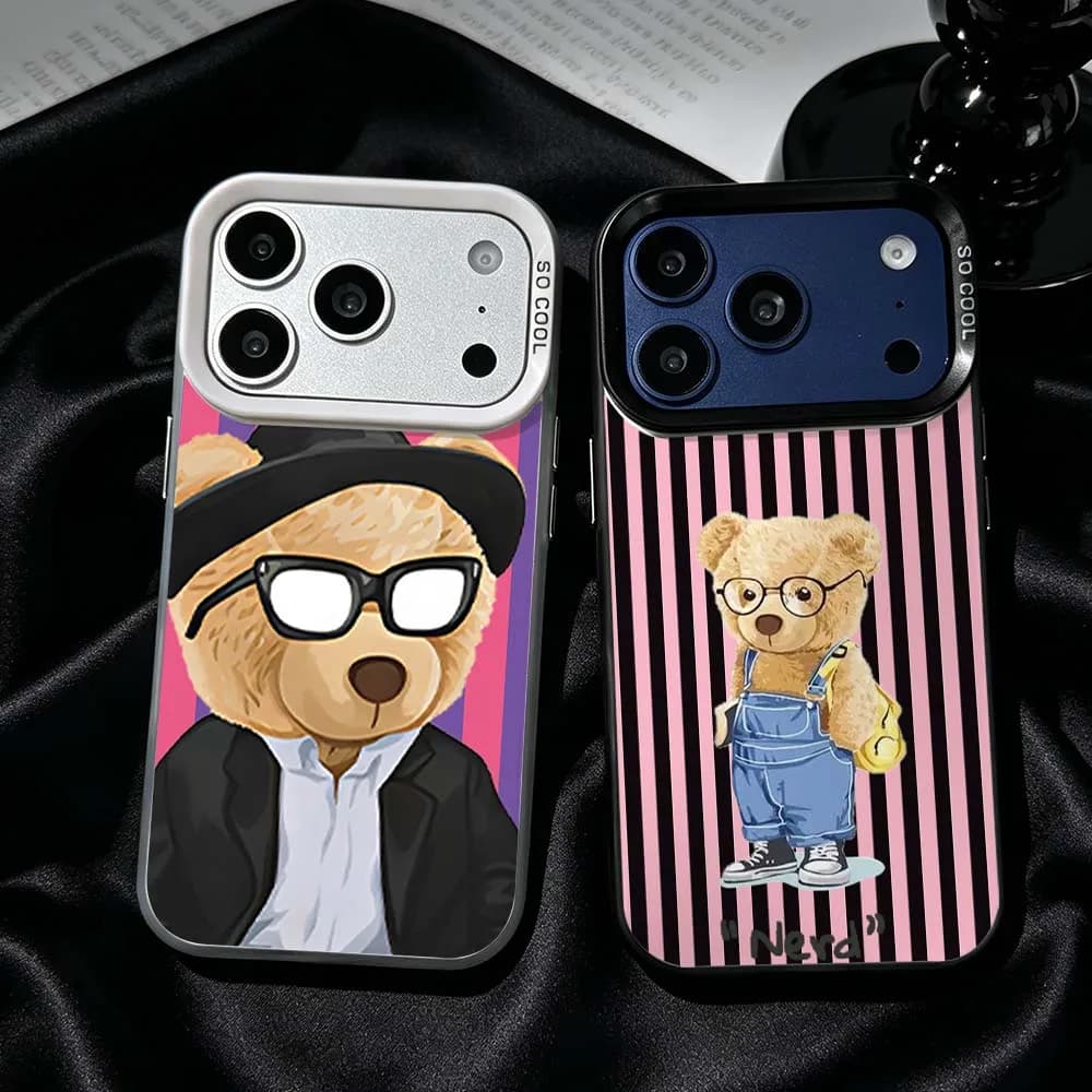 Cartoon Bear Suit Glasses For iPhone 17 Air 16 15 14 13 12 Mini 11 Pro Max Plus Shockproof Plating Matte Cover Phone Case