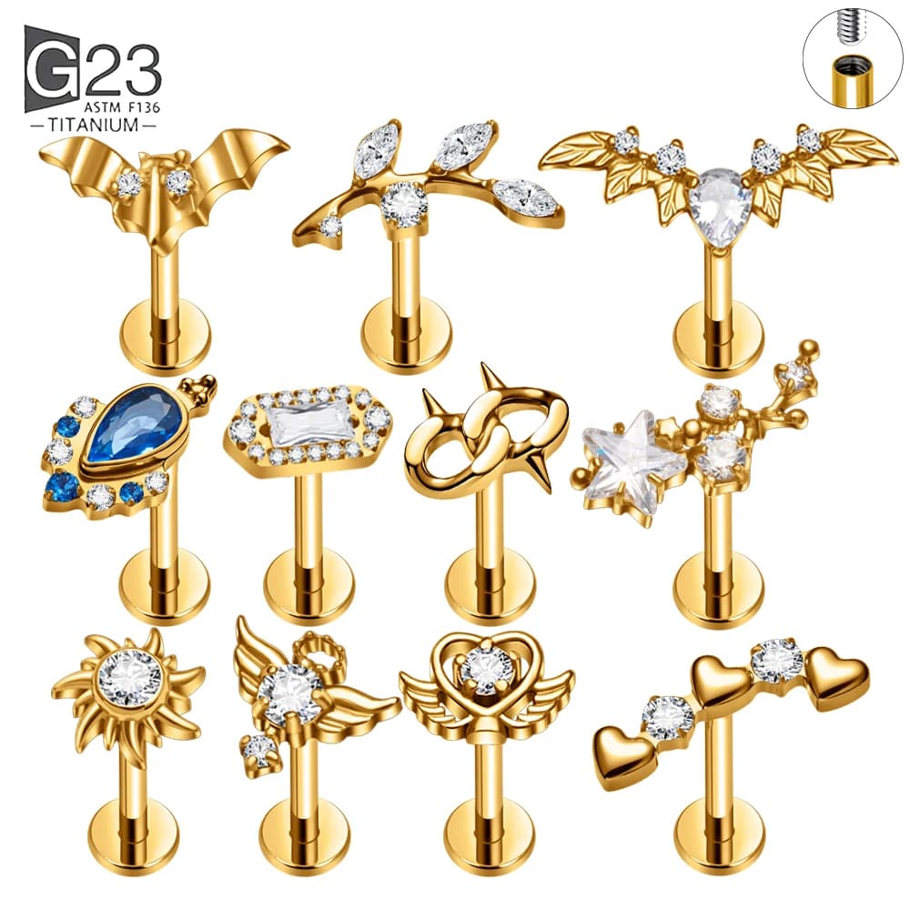 G23 ASTM F136 Titanium Labret Lip Stud 16G CZ Internal Thread Bat Wing Heart Top Tragus Helix Cartilage Body Piercing Jewelry